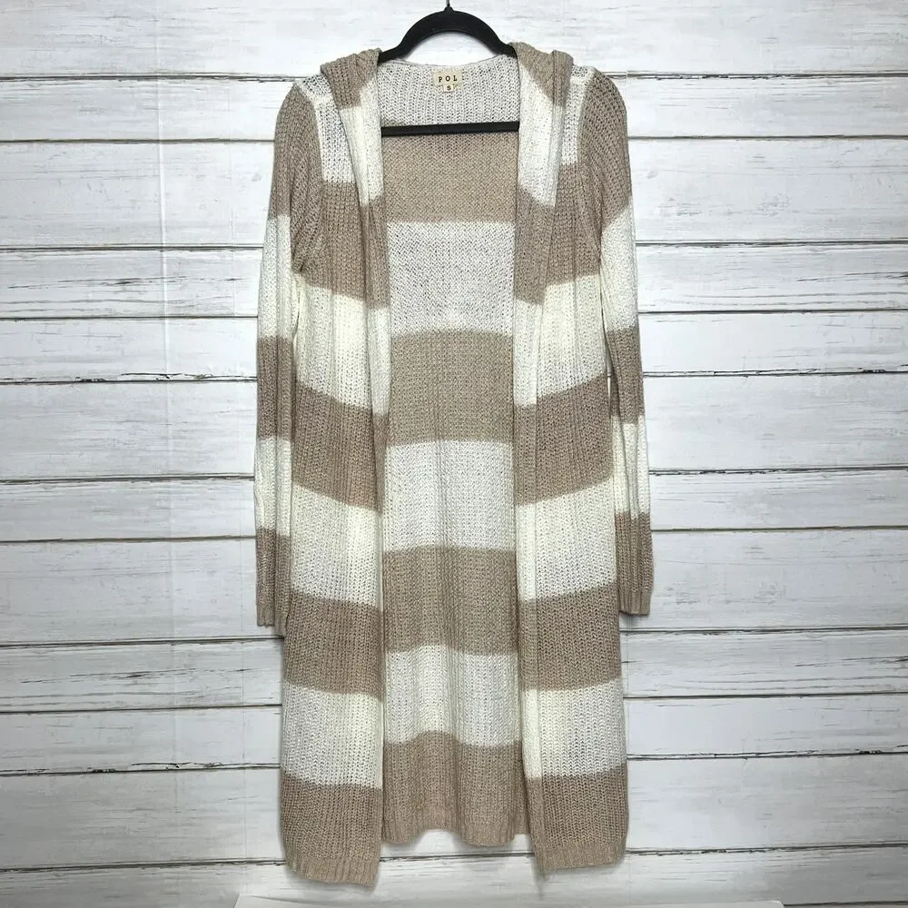 POL Tan Ivory Striped Long Knit Hooded Cardigan Sweater Open Front Size Small